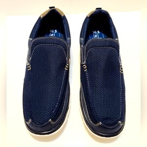 Mens Slippers House Shoes Size 10.5 Navy Blue White Soles Tan Stitching Slip On